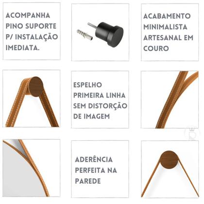 Espelho Redondo De Parede Alça Em Couro 60cm C/ Suporte - Rei dos Vidros Imagem de Espelho Redondo De Parede Alça Em Couro 60cm C/ Suporte