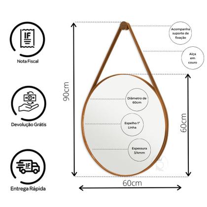 Espelho Redondo De Parede Alça Em Couro 60cm C/ Suporte - Rei dos Vidros Imagem de Espelho Redondo De Parede Alça Em Couro 60cm C/ Suporte