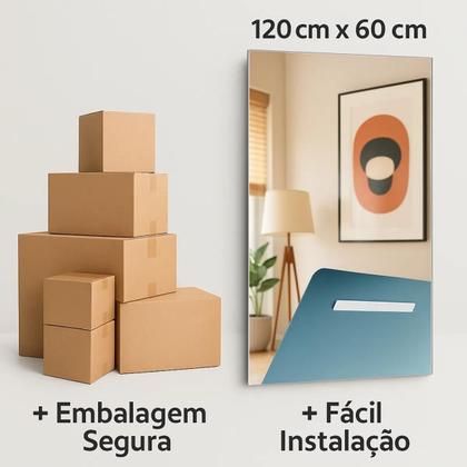 Imagem de Espelho Retangular 120x60 com Suporte para Quarto Sala Instalação Vertical Horizontal Vidro 3mm Premium