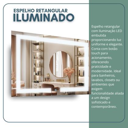 Imagem de Espelho Retangular 50cm X 70cm Iluminado Touch Screen Led 3 Cores Reduna
