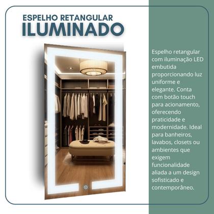 Imagem de Espelho Retangular 70cm X 50cm Iluminado Touch Screen Led 3 Cores