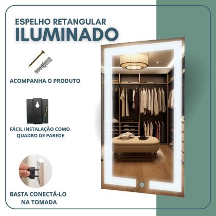 Imagem de Espelho Retangular 70cm X 50cm Iluminado Touch Screen Led 3 Cores