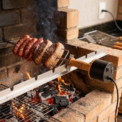 Imagem de Espeto Elétrico Aço Inox Giratório Rotativo Bivolt para Churrasco com Motor Flex Suporte Churrasqueira Gira Grill Cabo d