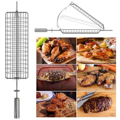 Imagem de Espeto Grelha Giratório - 65cm - Inox - Abre - Fecha - Cabo Revestido