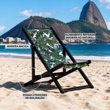 Imagem de Espreguiçadeira Dobrável Sem Braço Madeira Maciça Envernizada Black Com Tecido Listrado Verde e Branco