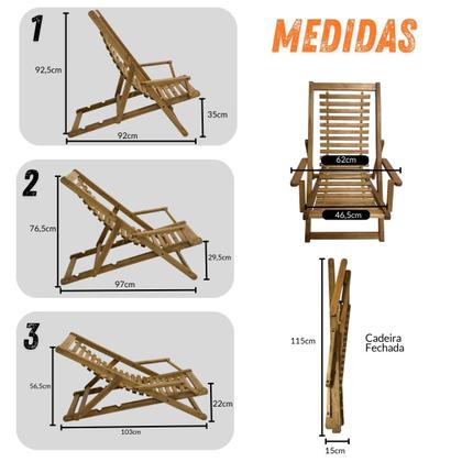 Imagem de Espreguiçadeira Reclinável de Madeira e Cabos de Aço para Praia e Jardim