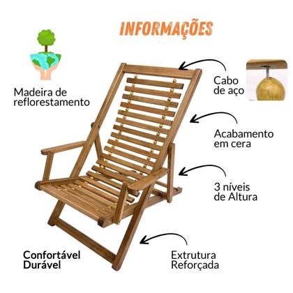 Imagem de Espreguiçadeira Reclinável de Madeira e Cabos de Aço para Praia e Jardim