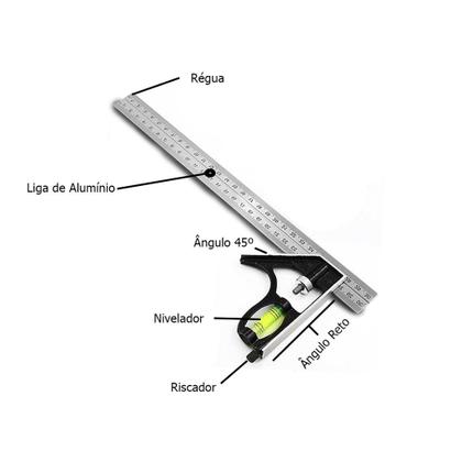 Imagem de Esquadro Ajustável Combinado Inox Alumínio C/ Nível Régua