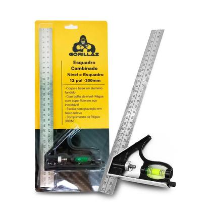 Imagem de Esquadro Ajustável Combinado Inox Alumínio C/ Nível Régua