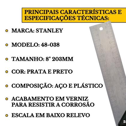 Imagem de Esquadro Alumínio Profissional 8 Pol. 20cm Stanley Aço Inox Metal Pedreiro Marceneiro Carpinteiro