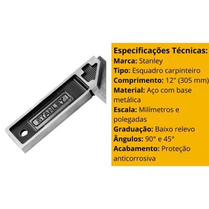Imagem de Esquadro Carpinteiro - 12 Polegadas - Cabo de Metal - Stanley