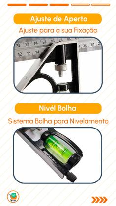 Imagem de Esquadro Combinado ajustável Inox Nível em Bolha e Régua de 30cm 12 Polegadas Riscador Profissional Carpinteiro Pedreiro