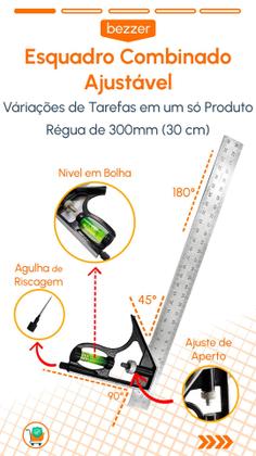 Imagem de Esquadro Combinado ajustável Inox Nível em Bolha e Régua de 30cm 12 Polegadas Riscador Profissional Carpinteiro Pedreiro