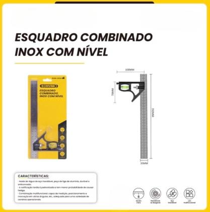 Imagem de Esquadro Combinado Inox 12polegadas 300mm Com Regua E Nivel Multiuso