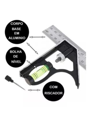 Imagem de Esquadro Combinado Inox C/ Nivel Regua 300mm 12 Polegadas