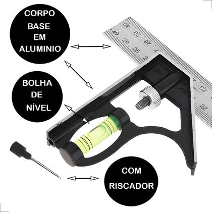 Imagem de Esquadro Combinado Inox Com Nível Régua 300mm 12 Polegadas, Marceneiro, Pedreiro, Metalúrgico