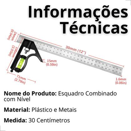 Imagem de Esquadro Combinado Inox Com Nível Régua 300mm 12 Polegadas, Marceneiro, Pedreiro, Metalúrgico