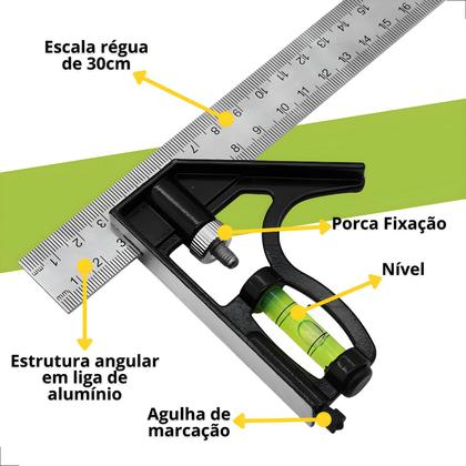 Imagem de Esquadro Combinado Inox Com Nível Régua 300mm 12 Polegadas, Marceneiro, Pedreiro, Metalúrgico