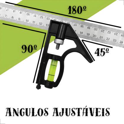 Imagem de Esquadro Combinado Inox Com Nível Régua 300mm 12 Polegadas, Marceneiro, Pedreiro, Metalúrgico