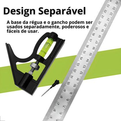 Imagem de Esquadro Combinado Inox Com Nível Régua 300mm 12 Polegadas, Marceneiro, Pedreiro, Metalúrgico