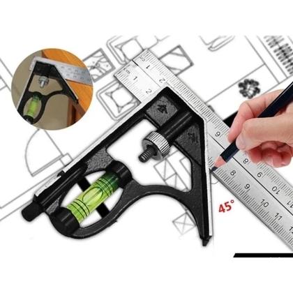 Imagem de Esquadro Combinado Inox Com Nível Régua 30cm De 12 Polegadas Ferramenta Multifuncional