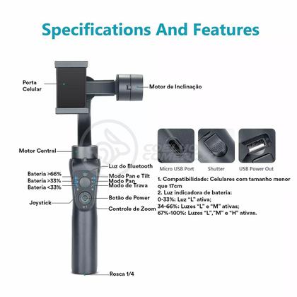 Imagem de Estabilizador de Mão Eletrônico Portátil Gimbal S5B 3 Eixos Bluetooth USB Câmera Celular Smartphone