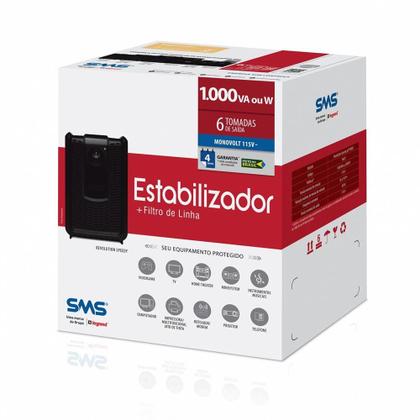 Imagem de Estabilizador SMS Revolution Speedy 1000VA, Monovolt 115V, 6 tomadas, Preto
