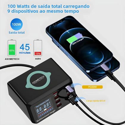 Imagem de Estação de Carregamento USB 8 Portas 100W com Carregamento Sem Fio, QC3.0 e PD3.0 - Display Digital