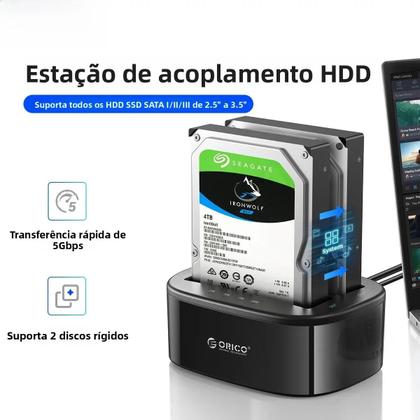 Imagem de Estação De Docagem Para HDD E SSD De Duas Baías ORICO 2.5/3.5 Polegadas SATA USB 3.0 Com Adaptador