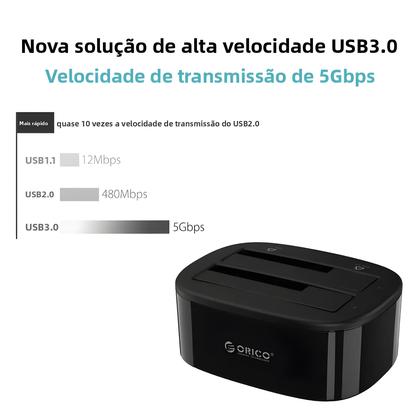 Imagem de Estação De Docagem Para HDD E SSD De Duas Baías ORICO 2.5/3.5 Polegadas SATA USB 3.0 Com Adaptador
