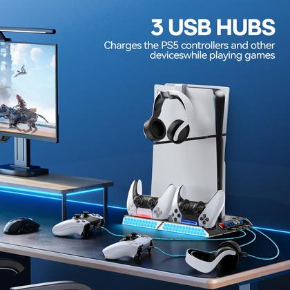 Imagem de Estação de resfriamento KDD PS5 Slim/PS5 com estação de carregamento duplo e ventilador de resfriamento automático com controle de temperatura e luzes, base de suporte PS5 com 4 velocidades de ventilador, docking station de acessórios PS5 para conjuntos de skins PlayStation 5