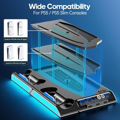 Imagem de Estação de resfriamento KDD PS5 Slim/PS5 com estação de carregamento duplo e ventilador de resfriamento automático com controle de temperatura e luzes, base de suporte PS5 com 4 velocidades de ventilador, docking station de acessórios PS5 para conjuntos de skins PlayStation 5