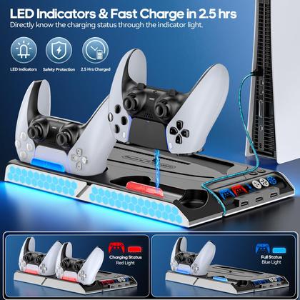 Imagem de Estação de resfriamento KDD PS5 Slim/PS5 com estação de carregamento duplo e ventilador de resfriamento automático com controle de temperatura e luzes, base de suporte PS5 com 4 velocidades de ventilador, docking station de acessórios PS5 para conjuntos de skins PlayStation 5