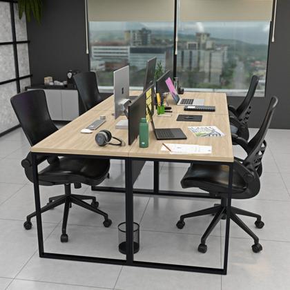 Imagem de Estação de Trabalho Mesa Plataforma Industrial 4 Lugares Office Bege/Carvalho/Preto