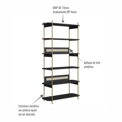 Imagem de Estante 180 cm 6 Prateleiras Palhinha Pé Metal Dourado Nero Preto