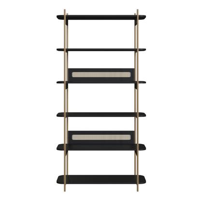 Imagem de Estante 180 cm 6 Prateleiras Palhinha Pé Metal Dourado Nero Preto