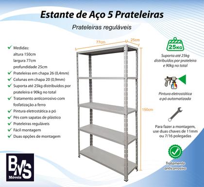 Imagem de Estante Aço 5 Prateleiras Reguláveis 25cm Multiuso Várias Cores