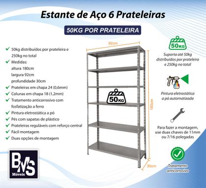 Imagem de Estante Aço 6 Prateleiras 30cm Reforçada Multiuso Preta 50kg