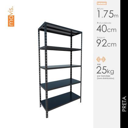 Imagem de Estante Aço p 125kg PRETA 5 Bandejas Bipartida 1,75m x 40cm x 92cm