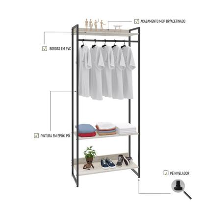 Imagem de Estante Closet Arara Industrial 3 Prateleiras 187x80cm Dynamica Yescasa Snow / Preto