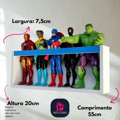 Imagem de Estante de brinquedos organizador de bonecos super heróis Marvel, Barbie Nicho decorativo colorido para quarto infantil de menino MDF 55cm