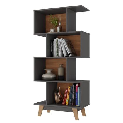 Imagem de Estante de Livros 68CMX140,5cm Pés em Madeira Maciça Caracas 4 Nichos Preto/Grafite/Nogal