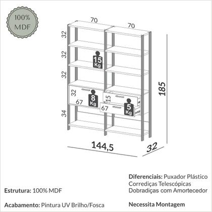 Imagem de Estante de Livros Industrial 100% MDF 144CMX185CM 1 Porta 2 Gavetas Marrom/Freijó/Preto