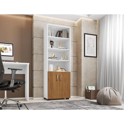 Imagem de Estante De Madeira Branco Sala 5 Prateleiras Portas Freijó