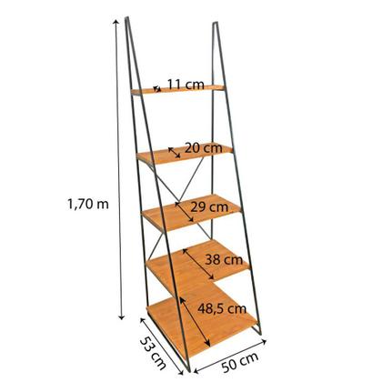 Imagem de Estante Escada Torre de Ferro e Madeira Industrial Slim 5 Prateleiras Carvalho e Preta