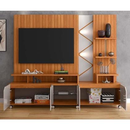 Imagem de Estante Home 210cm Sala Para TV 55 Pol Com LED Cross 2.1 Lukaliam Jequitiba/Off White Perolizado