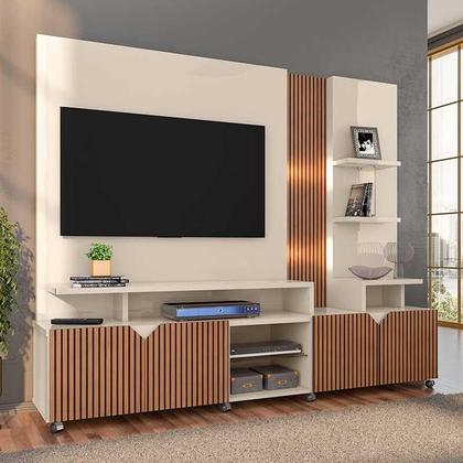 Imagem de Estante Home Para TV 55 Polegadas Cross 2.1 Com LED Lukaliam Off White/Tauari Ripado