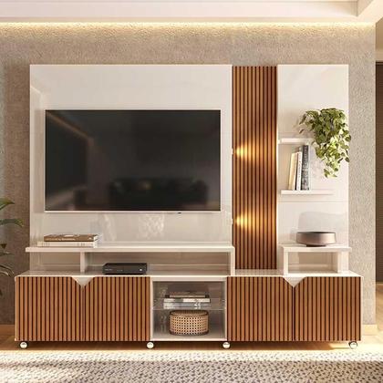 Imagem de Estante Home Para TV 55 Polegadas Cross 2.1 Com LED Lukaliam Off White/Tauari Ripado