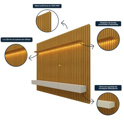 Imagem de Estante Home Ripada para TV até 90 Polegadas com LED 3 Gavetas Nobre Clean 100% MDF