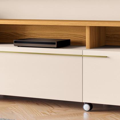 Imagem de Estante Home Theater Detalhe Ripado Sala Estar TV Até 70 Polegadas 2 Portas 1 Prateleira 1 Gaveta Rodízios Cromados Artís